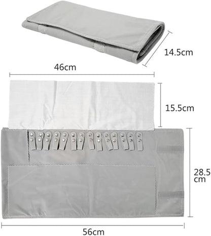 Premium Jewelry Roll Organizer for 16 Necklaces 55cm x 29cm Metal Snap & Velcro Closure - Ideal for Travel and Storage (Grey)