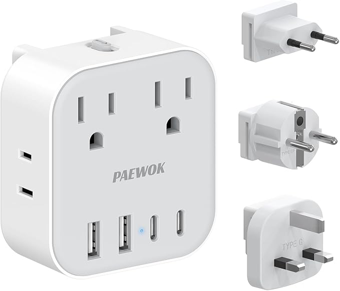 European Travel Plug Adapter Set, 8-in-1 Travel Adapter with 4 Outlets, 4 USB Ports (2 USB C), US to UK/EU Universal Travel Adapter, International Power Adapter with Type G/E/F/C Detachable Plugs