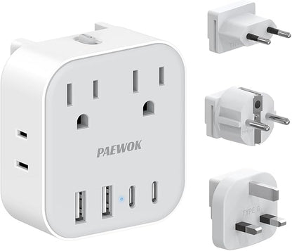 European Travel Plug Adapter Set, 8-in-1 Travel Adapter with 4 Outlets, 4 USB Ports (2 USB C), US to UK/EU Universal Travel Adapter, International Power Adapter with Type G/E/F/C Detachable Plugs