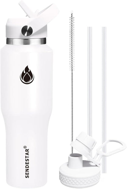 SENDESTAR 40oz Water Bottle Wide Mouth Stainless Steel Vacuum Insulated Double Wall with Straw Lids Fit in Any Car Cup Holder