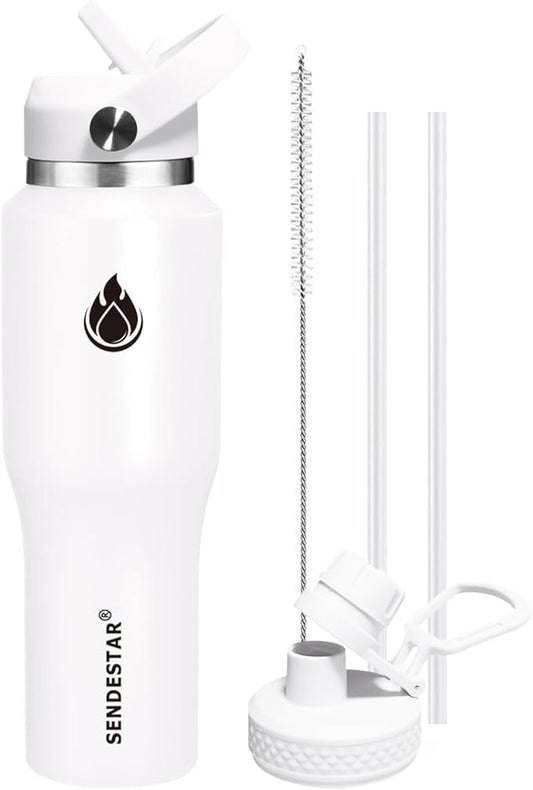 SENDESTAR 40oz Water Bottle Wide Mouth Stainless Steel Vacuum Insulated Double Wall with Straw Lids Fit in Any Car Cup Holder