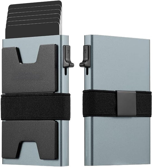 Jenoss Smart Pop Up Wallet for Men: Aluminum Card Holder Wallet, Slide Pop Up Case, Slim Metal RFID Blocking Credit Card Holder, Minimalist Compact 12+ Cards Slot Organizers ID Money Clip (Cyan)