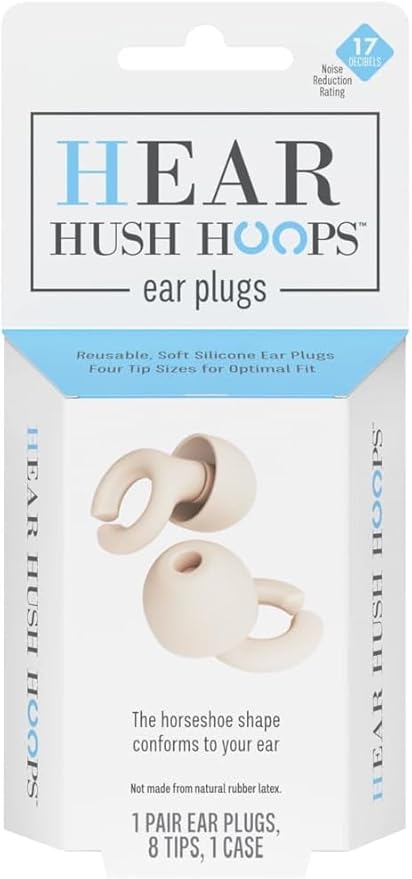 Hush Hoops Ear Plugs, Ultra-Soft Reusable Silicone Plugs with Horseshoe Shape for Comfort, Designed for Sleep and Sound Suppression, 17dB (NRR) Noise Reduction Rating, Cream, 1 Pair with Travel Case
