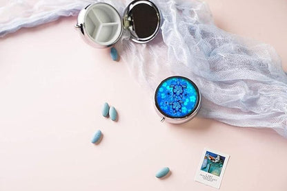 Pill Box,Blue Hibiscus Flower Turtles Round Pill Box 3 Compartment Decorative Pocket Purse Portable Mini Travel Medicine Tablet Vitamin Holder Organizer Pill Case