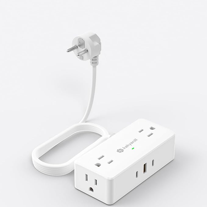 European Travel Plug Adapter, Type E F Plug Adapter, 4 AC Outlets, 3 USB Ports (2 USB C), 5ft Flat Extension Cord, for Germany France Travel