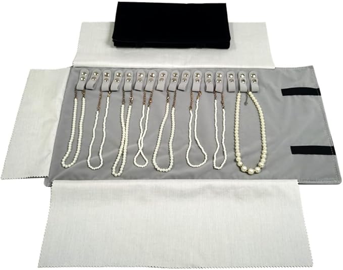 Velet Travel Jewelry Case Roll Bag Organizer for Necklace Bracelet Black Gray Velvet (Black Gray)