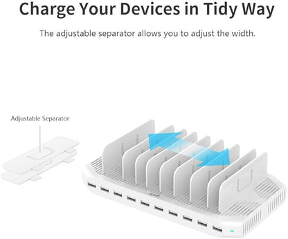 Alxum iPad Charging Station, 96W 10 Port USB Charging Station for Tablet and More Multi Devices Organizer with Detachable Dividers, White
