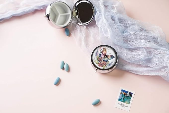 Pill Box,Vintage Butterfly Floral Round Pill Box 3 Compartment Decorative Pocket Purse Portable Mini Travel Medicine Tablet Vitamin Holder Organizer Pill Case