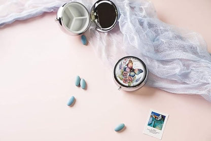 Pill Box,Vintage Butterfly Floral Round Pill Box 3 Compartment Decorative Pocket Purse Portable Mini Travel Medicine Tablet Vitamin Holder Organizer Pill Case