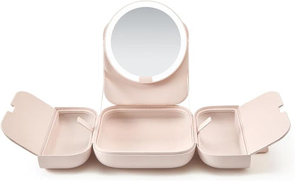 AMIRO M2 Cude Travel Makeup Bag with 5 Level Brightness & 3 Color LED Mirror, Portable Makeup Artist Organizer, Pink