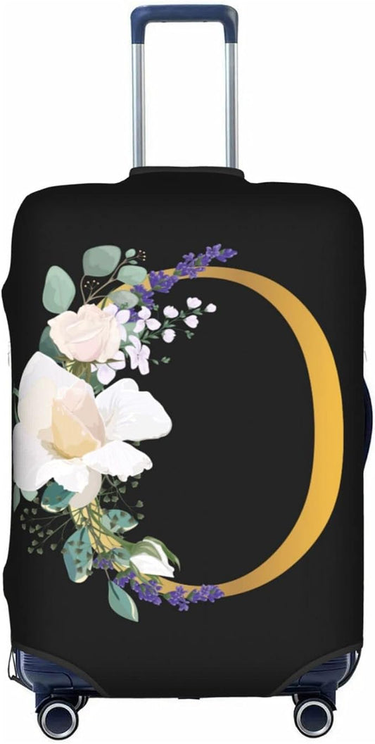 Flower Letter O Black Luggage Cover Elastic Washable Stretch Suitcase Protector Anti-Scratch Travel Suitcase Cover for Kid and Adult M (22-24 inch suitcase)