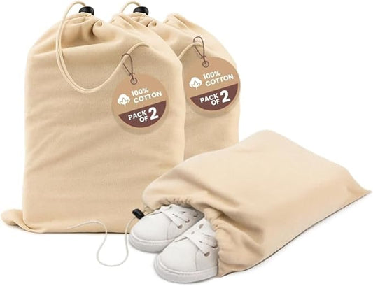 LFH Cotton Shoe Storage Bags with Drawstring, Dustproof Breathable Reusable Organizer, Perfect For Travel, Dorm, Hotel, College, Gym, Easy to Carry, Machine Washable 12"x17" (Pack of 2) - Natural