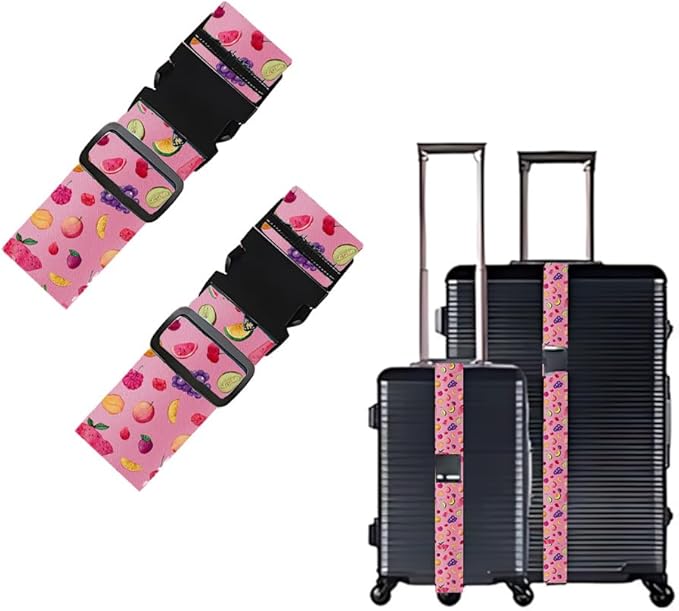 2PC,Fruit Pattern Luggage Strap 1.97 x 70.84 inch Pink Background Watercolor Fruit Design Adjustable Suitcase Belt Durable Nylon Baggage Identifier for Fun Summer Travel