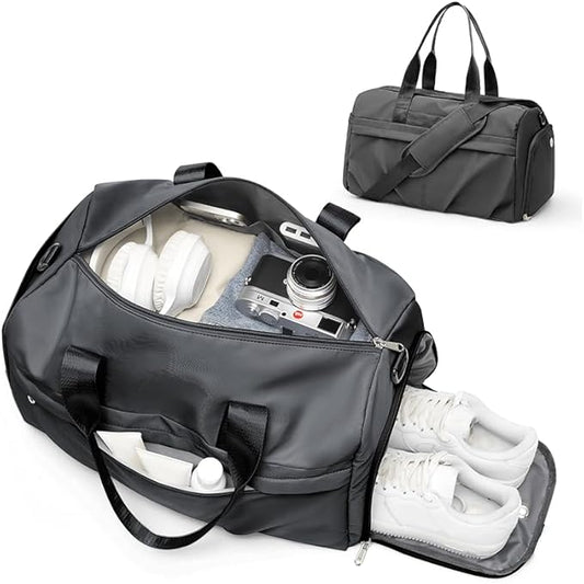 Gym Bag for Women Men with Shoe Compartment, Sport Duffel Bag, Waterproof Travel Weekender Overnight Carry on Bag for Yoga with Trolley Sleeve, Grey