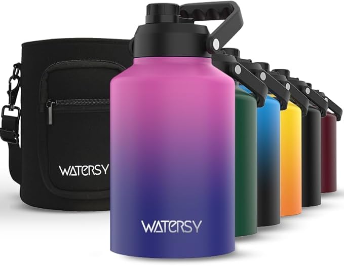 WATERSY 1 Gallon Water Bottle Insulated(Cold for 48 Hrs),BPA Free&Leak Proof,128oz Stainless Steel Water Jug,Big thermo,Large Water Bottle with Handle for Gym,Hiking,Camping&Travel,Gradient Purple
