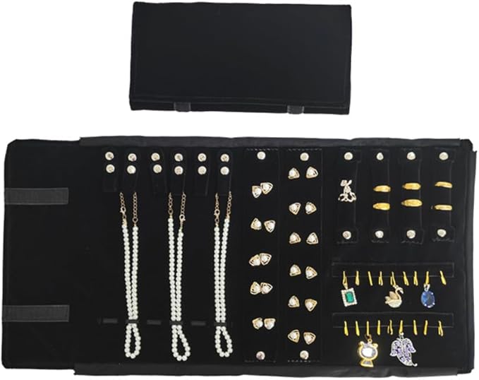 Velvet Travel Jewelry Case Roll Bag Organizer for Necklace Bracelet Earrings Ring (Black) (Black（6+2+4+2)