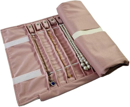 Portable Jewelry Roll Untangled Secure Necklace Travel Storage Bag Displays Holder 16 Chain (gray PU and pink)