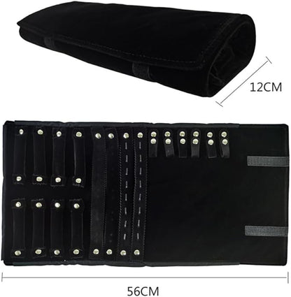 Velvet Travel Jewelry Case Roll Bag Organizer for Necklace Bracelet Earrings Ring (Black) (Black(4+2+2+6))