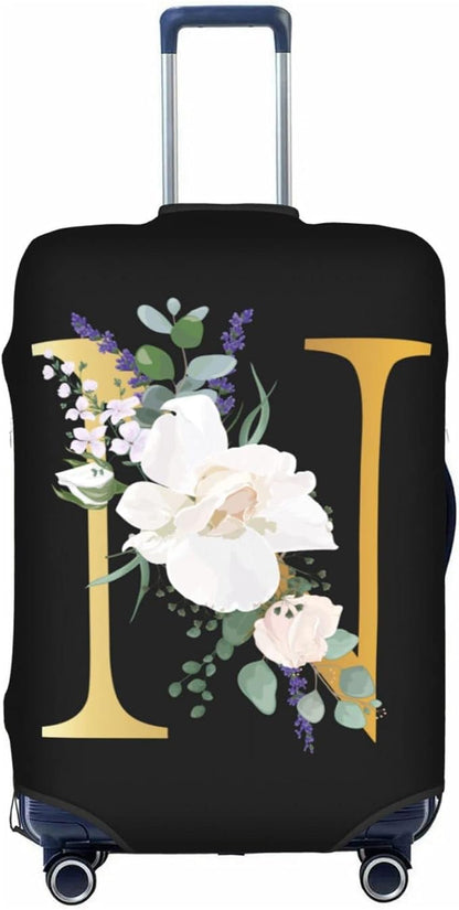 Flower Letter N Black Luggage Cover Elastic Washable Stretch Suitcase Protector Anti-Scratch Travel Suitcase Cover for Kid and Adult S (18-21 inch suitcase)