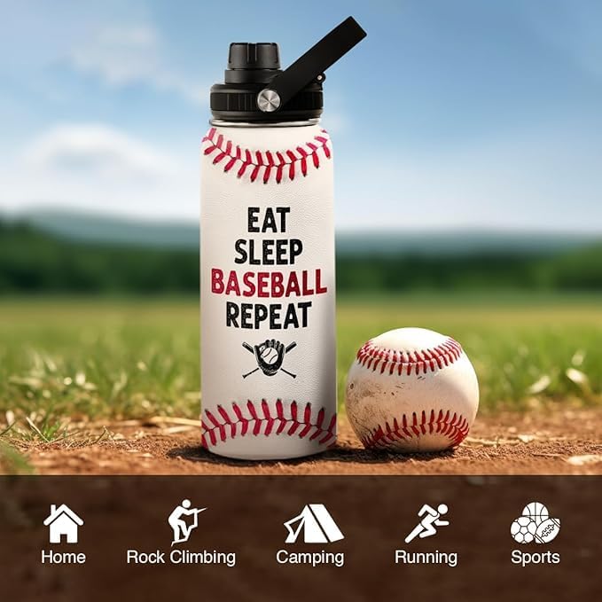 Baseball Water Bottle 32 Oz - Insulated Stainless Steel Sport Bottles with Lid - Baseball Gift for Men Players Fan Coach