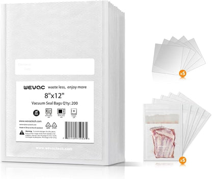 Wevac 8" x 12" Precut Vacuum Sealer Bags, 200 Count, Includes 5 Liquid Block Bags & 5 Bone Guard Pieces, Heavy Duty for Food Storage, Sous Vide & Meal Prep