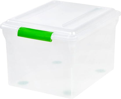 IRIS USA File Box File Organizer Plastic File Box for Letter/Legal File, BPA-Free Plastic Storage Bin Tote Organizer w/Secure Latching Lid and Easy-Slide Pad, Clear 35 Qt. 4Pack