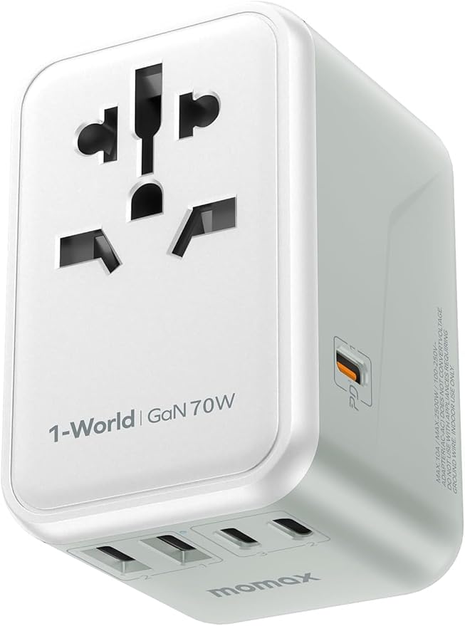 MOMAX 6-in-1 Universal Travel Adapter, GaN 70W International Power Adapter, 3 USB-C PD Fast Charging & 2 USB-A QC, 1 AC, All-in-One International Plug Adapter for Travel European UK AUS JP