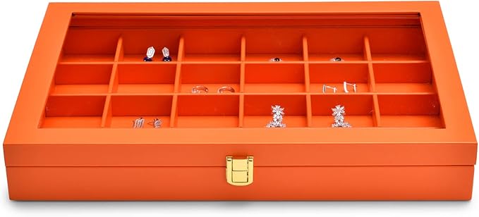 Oirlv 24 Grid Premium Leather Jewelry Organizer Tray with Transparent Lid Jewelry Display Case Drawer Insert Rings Earrings Holder