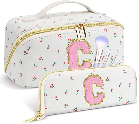 Personalized Travel Makeup Bag Set,Initial Travel Cute Cherry Makeup Organizer Bag,Toiletry Skincare Cosmetic Bag,Christmas Gifts for Women/Girls,Open Flat Toiletry Pouch with Brush Pocket-C