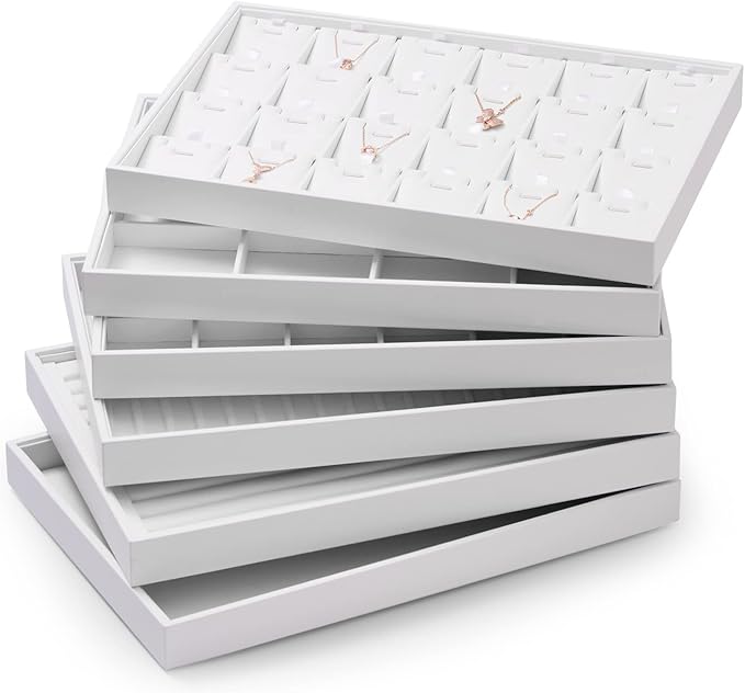 Oirlv Premium White Leather Stackable Jewelry Tray 12 Grid Jewelry Drawer Organizer Trays for Bracelets Earrings