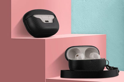 LOPIE Case Compatible with Sony WF-1000XM5, Carbon Fiber Style Vegan Leather Case Designed for Earbuds WF1000XM5 Case Cover 2023, Protective Hard Cover for Men/Women - Black