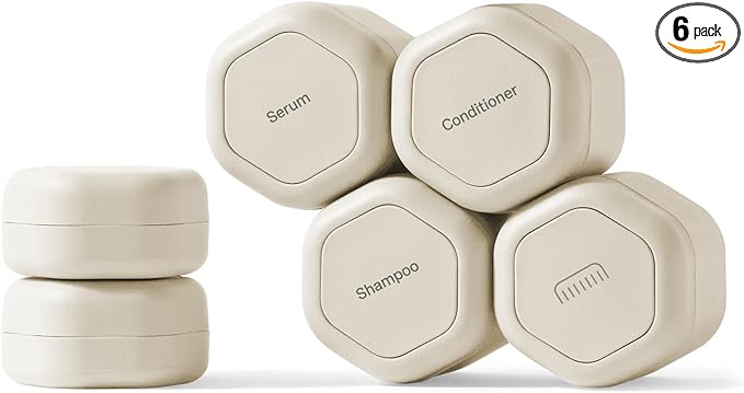 Cadence Travel Containers - 6 Piece Haircare Set - Magnetic Travel Capsules - 2 Small & 4 Medium Capsules - Shampoo, Conditioner, Leave-In Conditioner, Comb, Hair Serum, Hair Gel Labels - Sand