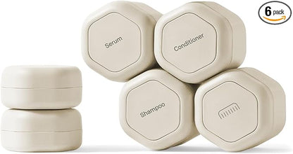 Cadence Travel Containers - 6 Piece Haircare Set - Magnetic Travel Capsules - 2 Small & 4 Medium Capsules - Shampoo, Conditioner, Leave-In Conditioner, Comb, Hair Serum, Hair Gel Labels - Sand