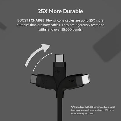 Belkin BoostCharge Flex Silicone USB-A to USB-C Cable (2M/6.6ft) for iPhone 16, iPhone 16 Pro, Galaxy S25, S24, Note, Pixel 9 & 8, Nintendo Switch 2, Carplay & More with Cable Clip - Black