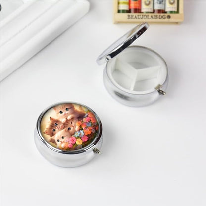 Pill Box,Cats Cat Round Pill Box 3 Compartment Decorative Pocket Purse Portable Mini Travel Medicine Tablet Vitamin Holder Organizer Pill Case