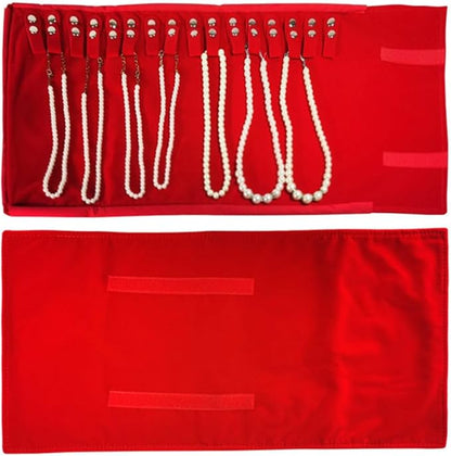 Premium Jewelry Roll Organizer for 16 Necklaces 55cm x 29cm Metal Snap & Velcro Closure - Ideal for Travel and Storage (Red)