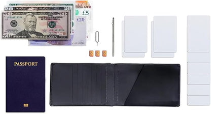 Leather Travel Wallet RFID - Slim Passport Holder for Men & Women - Fits Passport, Cards, SIMs, Pen & Boarding Pass - Secure Travel Document Organizer (Black)