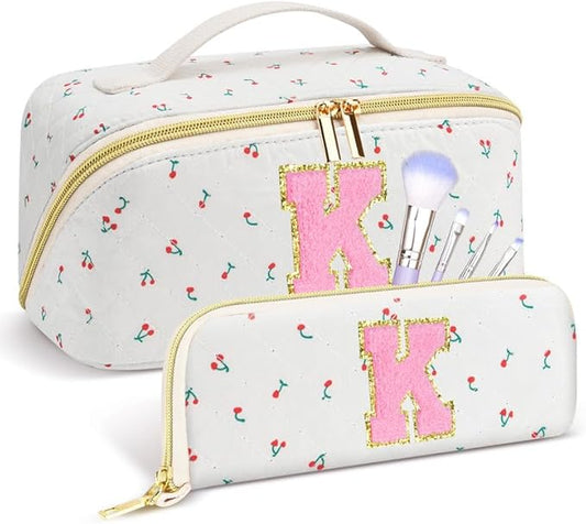 Personalized Travel Makeup Bag Set,Initial Travel Cute Cherry Makeup Organizer Bag,Toiletry Skincare Cosmetic Bag,Christmas Gifts for Women/Girls,Open Flat Toiletry Pouch with Brush Pocket-K