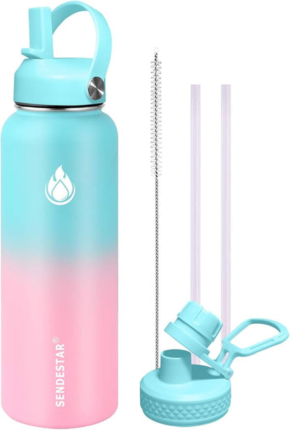 SENDESTAR Water Bottle 32oz Double Wall Vacuum Insulated Leak Proof Stainless Steel Sports Water Bottle—Wide Mouth with New Flex Straw Lid & Spout Lid (Bubble Gum)