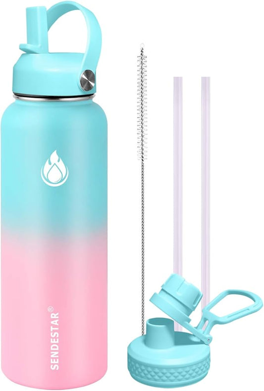 SENDESTAR Water Bottle 32oz Double Wall Vacuum Insulated Leak Proof Stainless Steel Sports Water Bottle—Wide Mouth with New Flex Straw Lid & Spout Lid (Bubble Gum)