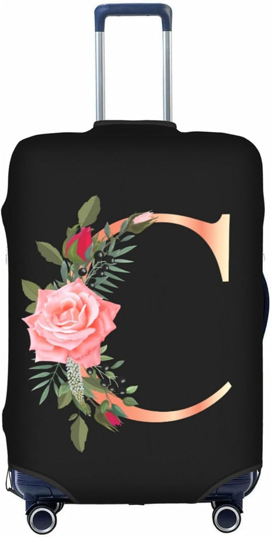 Floral Letter C Travel Luggage Cover Spandex Suitcase Protector Elastic Washable Stretch Suitcase Cover,Size M(Fit 22-24inch Suitcase)