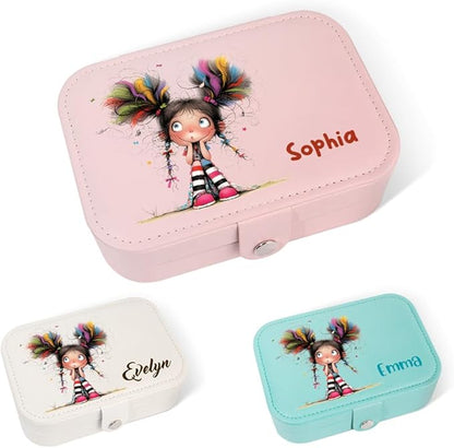 callie Personalized Quirky Girl Jewelry Box - Custom Name & 15 Pattern, 2 Layer PU Leather Travel Makeup Box Organizer Case, Birthday Christmas Gift for Women Girls