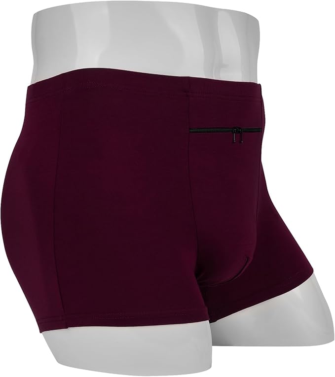 LUEXBOX Pocket Underwear for Men with Secret Hidden Pocket, Travel Boxer Briefs, 2 Packs (Dark Red)