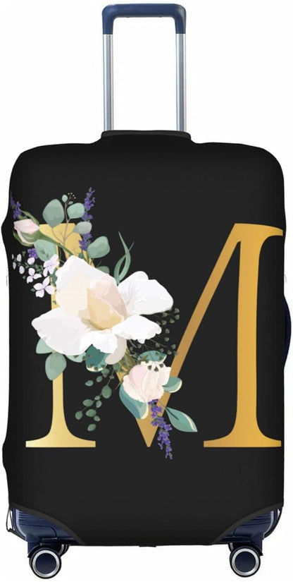 Flower Letter M Black Luggage Cover Elastic Washable Stretch Suitcase Protector Anti-Scratch Travel Suitcase Cover for Kid and Adult L (25-28 inch suitcase)