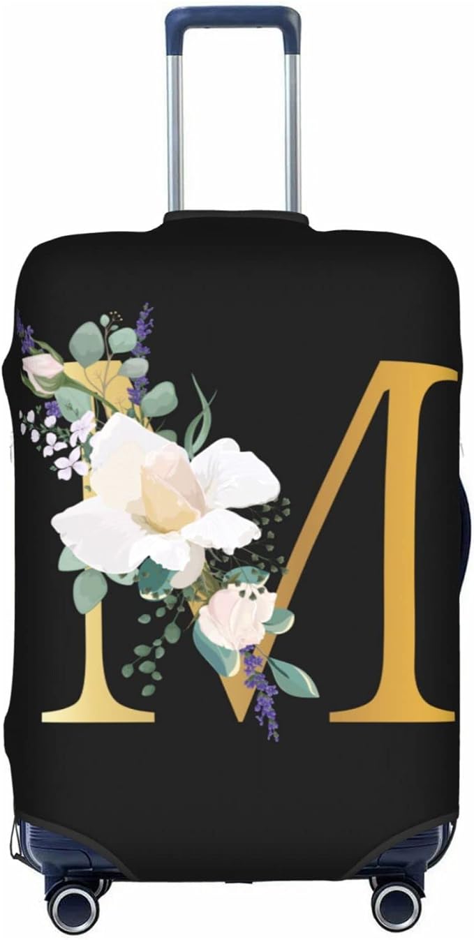 Flower Letter M Black Luggage Cover Elastic Washable Stretch Suitcase Protector Anti-Scratch Travel Suitcase Cover for Kid and Adult M (22-24 inch suitcase)