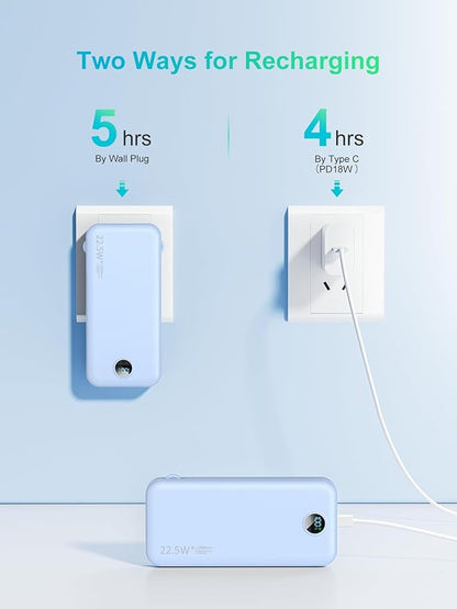 Portable Charger with Built-in Cables and Wall Plug, 12000mAh 22.5W USB C Power Bank Fast Charging with LED Display, External Battery Pack Travel Essentials Compatible with iPhone, iPad, Samsung Blue