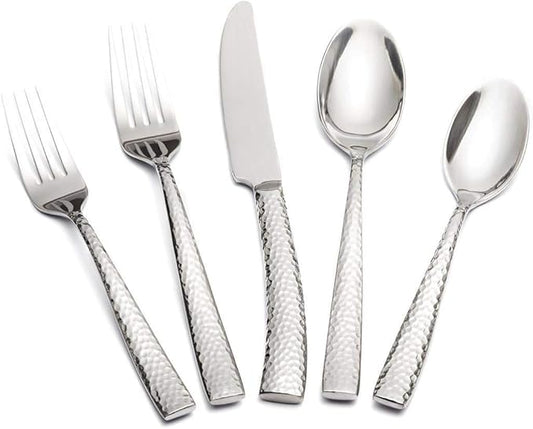Silverware Set Flatware Set Hammered Pattern Stainless Steel Cutlery Set Silver Mirror Polished 40 Pieces Service for 8