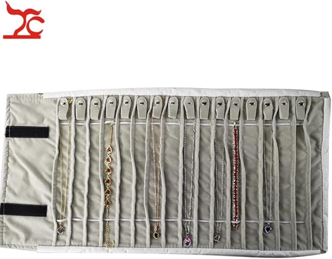 Portable Jewelry Roll Untangled Secure Necklace Travel Storage Bag Displays Holder 16 Chain (Black PU and gray velvet)