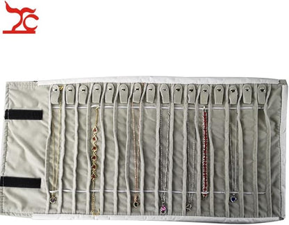 Portable Jewelry Roll Untangled Secure Necklace Travel Storage Bag Displays Holder 16 Chain (Black PU and gray velvet)
