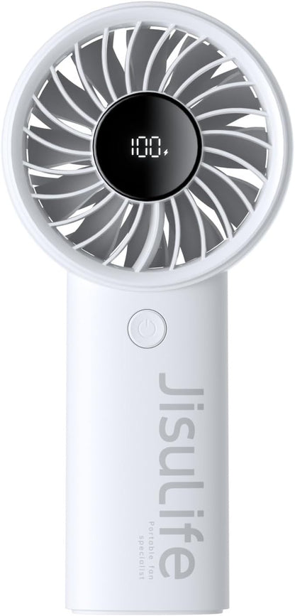 JISULIFE Handheld Portable Fan with Powerful Motor,LED Display,5000mAh Battery,5 Wind Speeds,Lanyard; Summer Essentials USB Rechargeable Hand held Fan for Travel,Beach,Makeup,Concerts-Gery